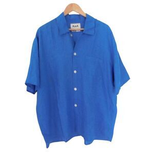 FLAX 100% Linen Button-Up Shirt Men’s Medium Blue Relaxed Beachy Vacation Resort